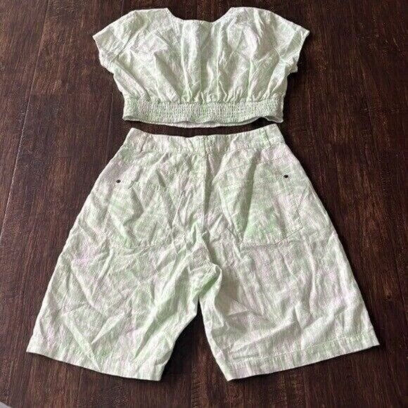 Roxy 2 piece set small cropped tropical green white shirt high waisted shorts - Picture 4 of 4